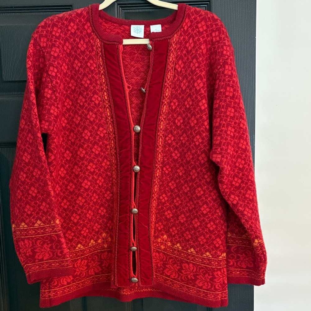 Woman Within Red Patterned Cardigan